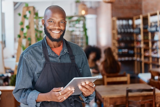 restaurant tablet portrait man small business owner e commerce cafe coffee shop management happy waiter african person with sales digital technology internet startup 590464 18337